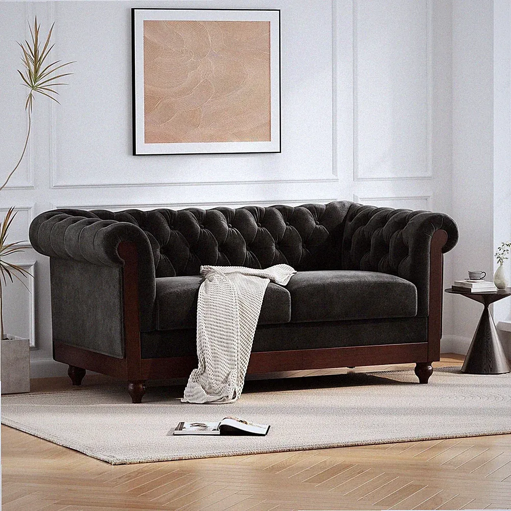 60'' Chesterfield Velvet Loveseat 2-Seater Rolled Arm Upholstered Sofa