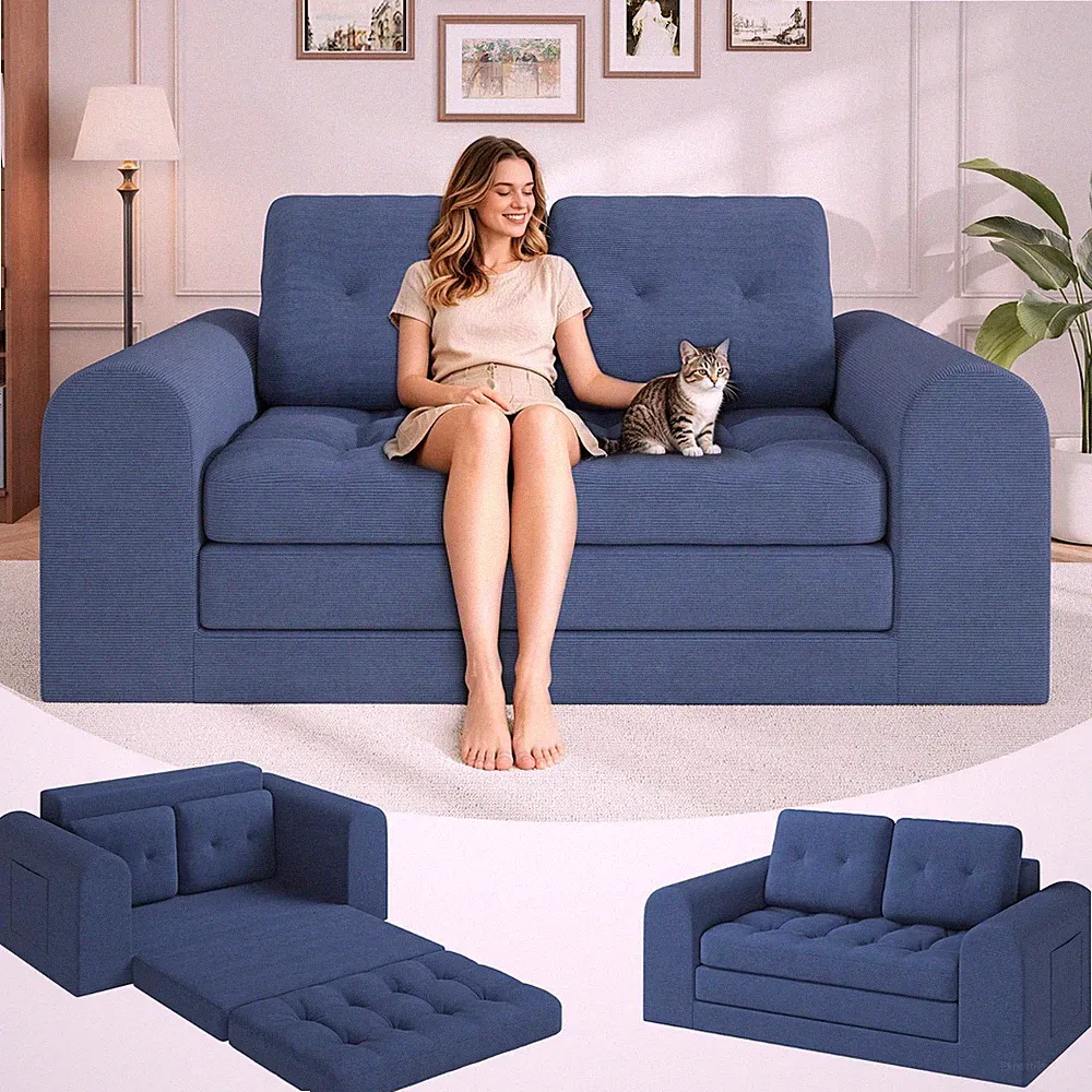 60" Convertible Sofa Bed Corduroy Boneless Couch Pull Out Bed Futon Sleeper Sofa