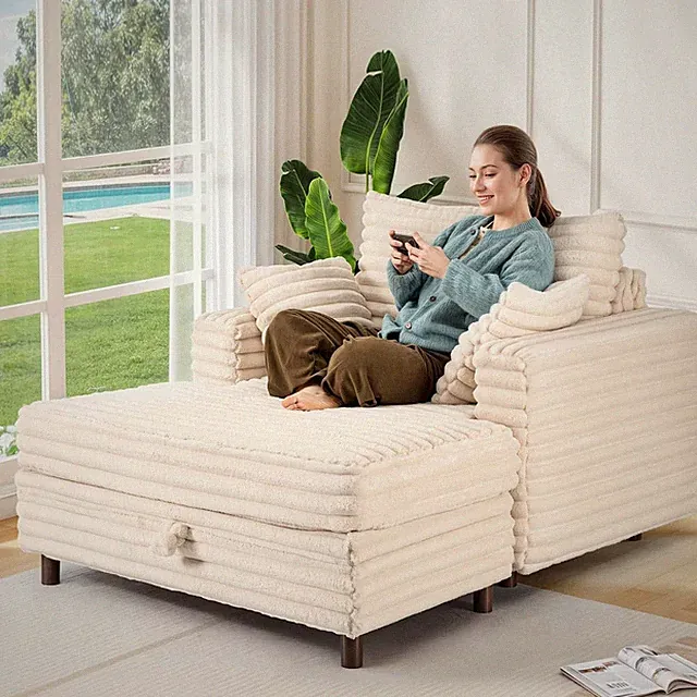 60'' Oversized Chaise Lounge Chair Indoor Comfy Sofa Bed with Storage White NEW