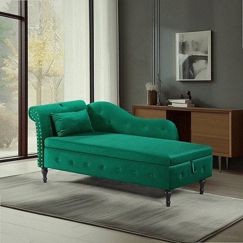 60" Velvet Storage Chaise Lounge Buttons Tufted Sleeper Sofa Chair Wood Legs