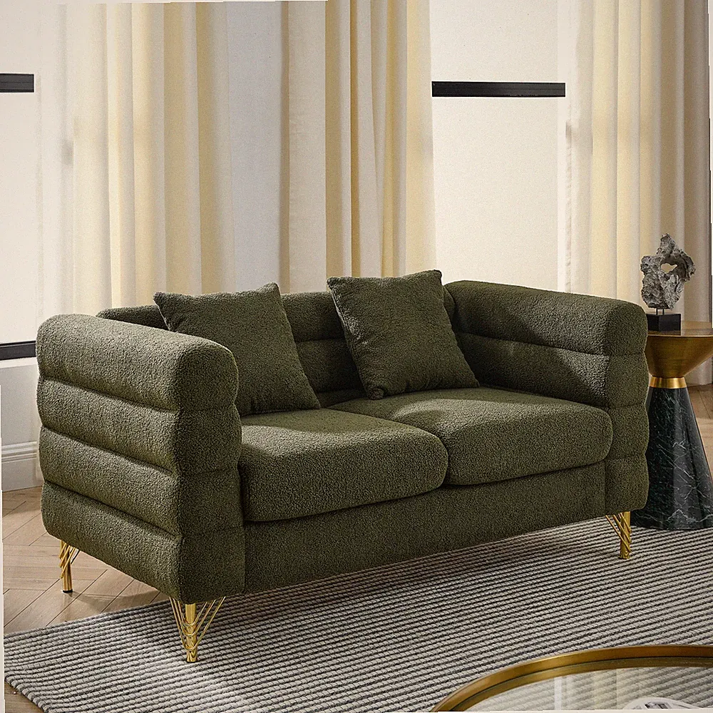 60Inch Green Teddy Fabric Oversized 2 Seater Sectional Sofa Loveseat Living Room