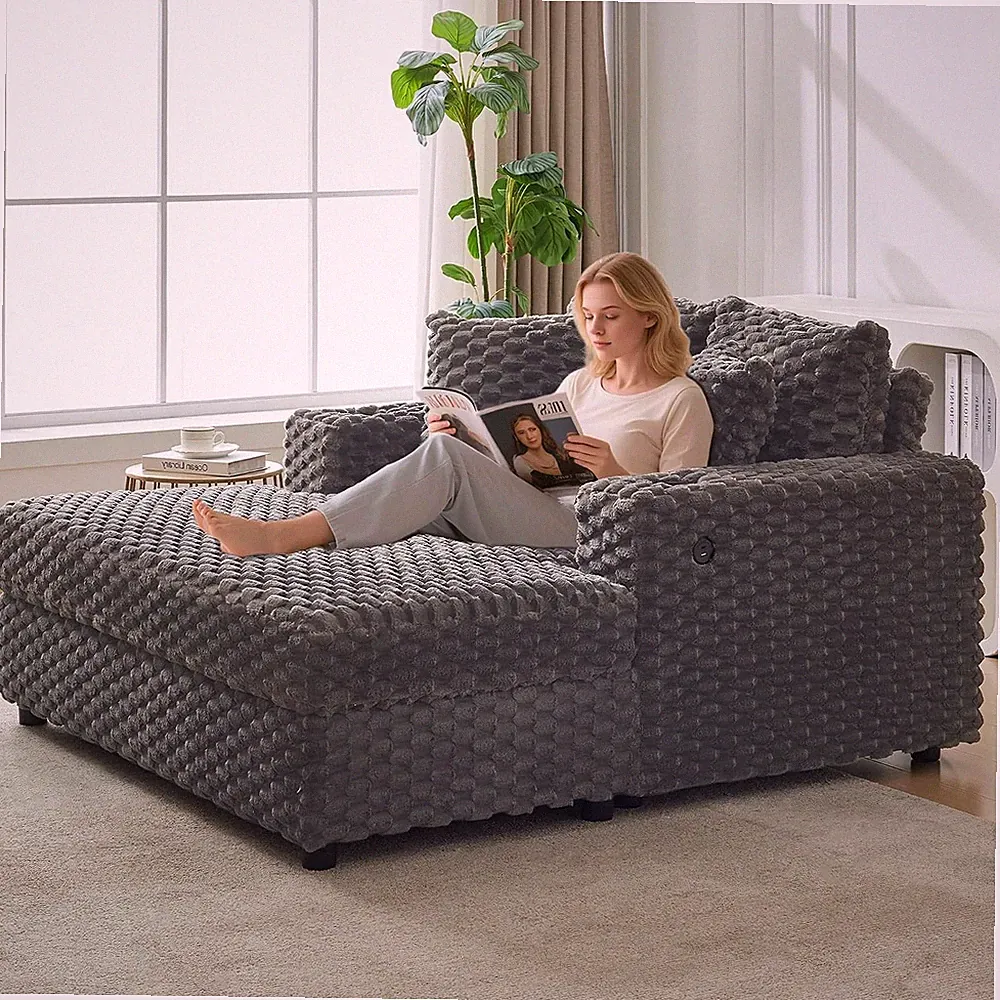 60x33x47in Rechargeable Wood Sofa Bed USB Soft Corduroy Ergonomic Supportive