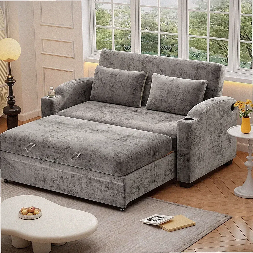 61" Chenille Loveseat Sleeper Sofa Bed with USB Ports & Cup Holders Gray