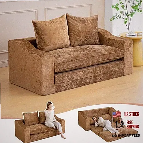 61" Convertible Sofa Bed Loveseat, Memory Foam Boneless Floor Couch with Brown
