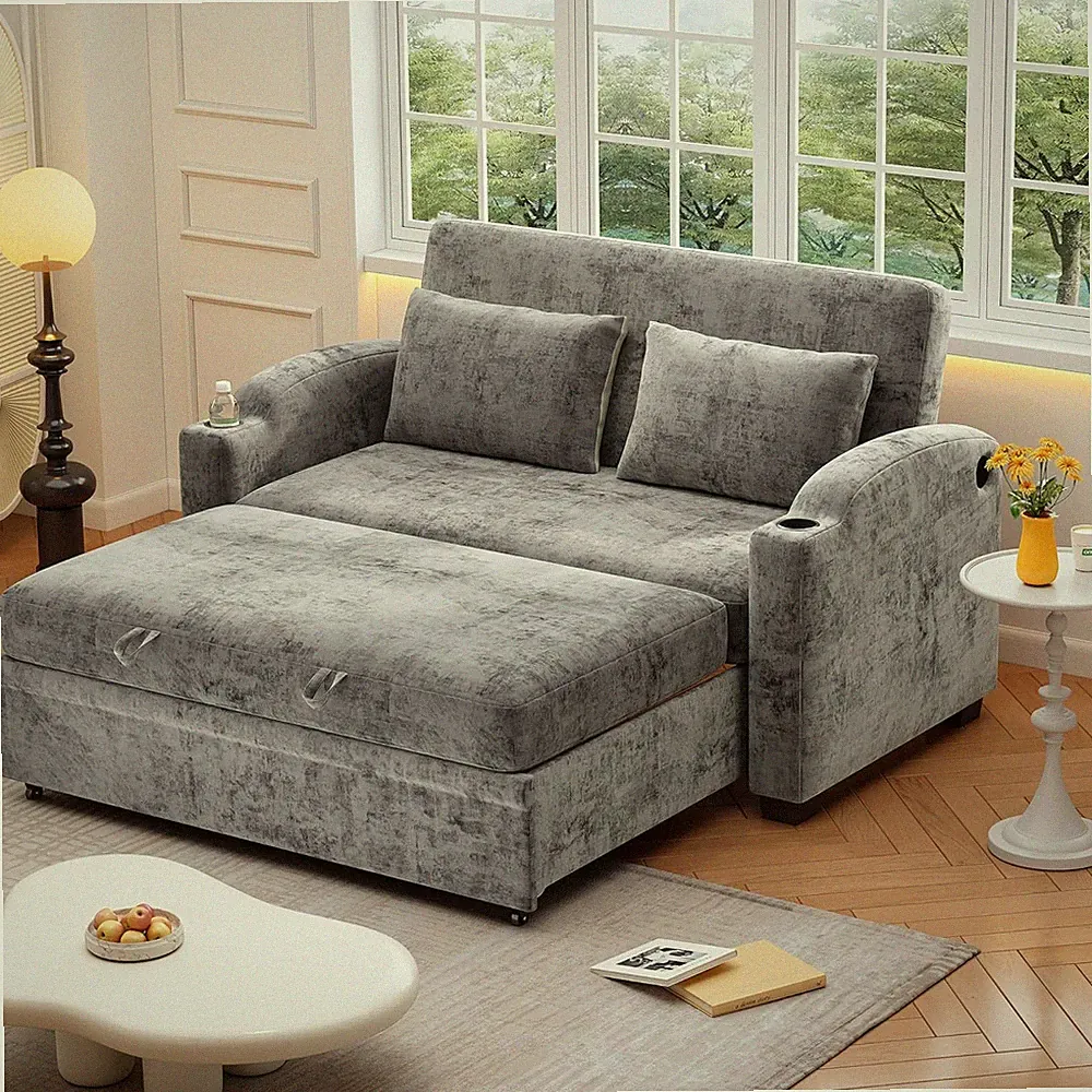 61 Inch Loveseat Sleeper Sofa Bed Convertible Chenille Couch with USB Ports