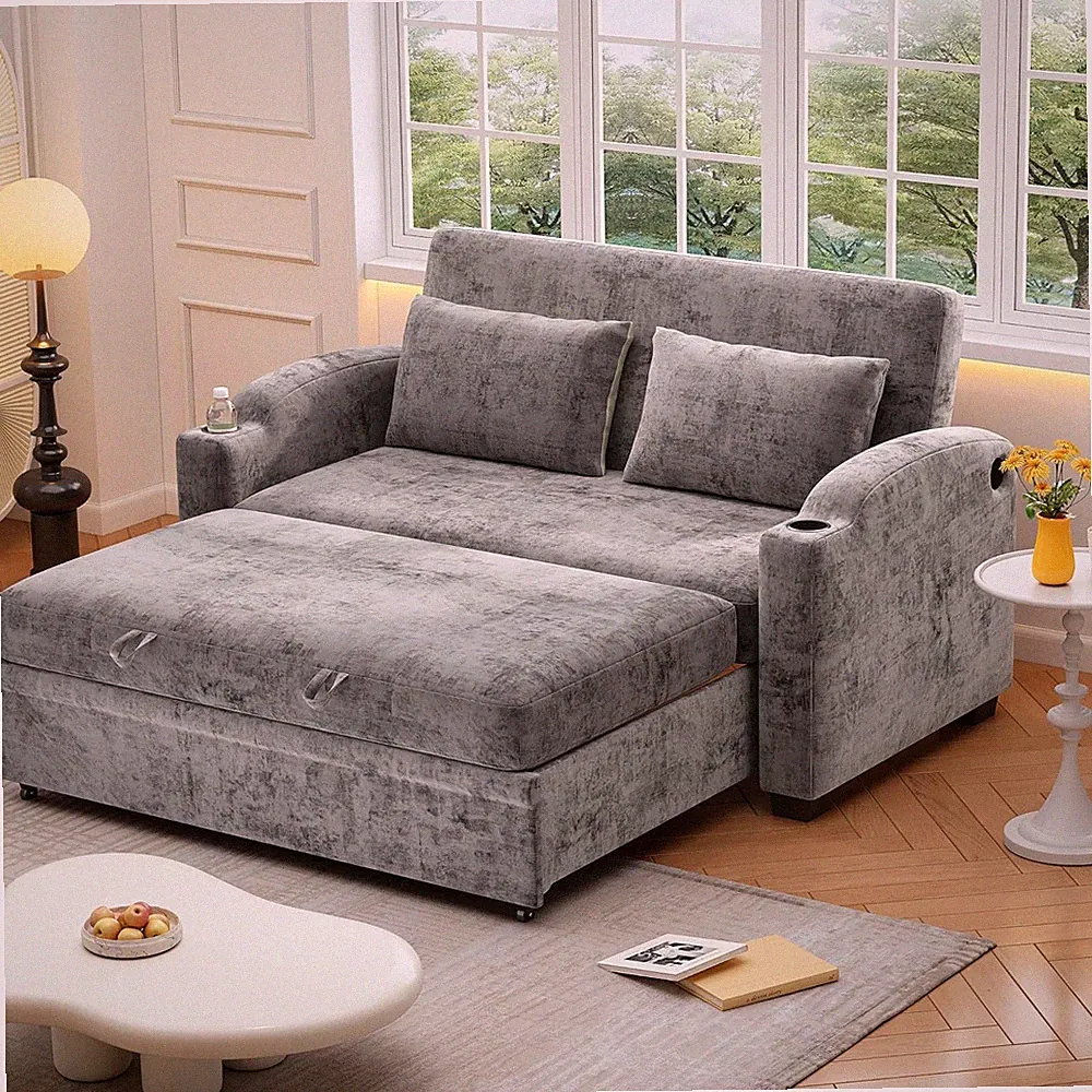 61 Inch Loveseat Sofa Bed Pull Out Sleeper Couch Chenille Upholstered Gray 2 Sea