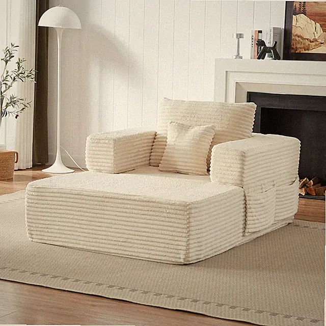 62.4" Modular Single Seater Sofa, Storage Armrests, Beige Corduroy, Modern
