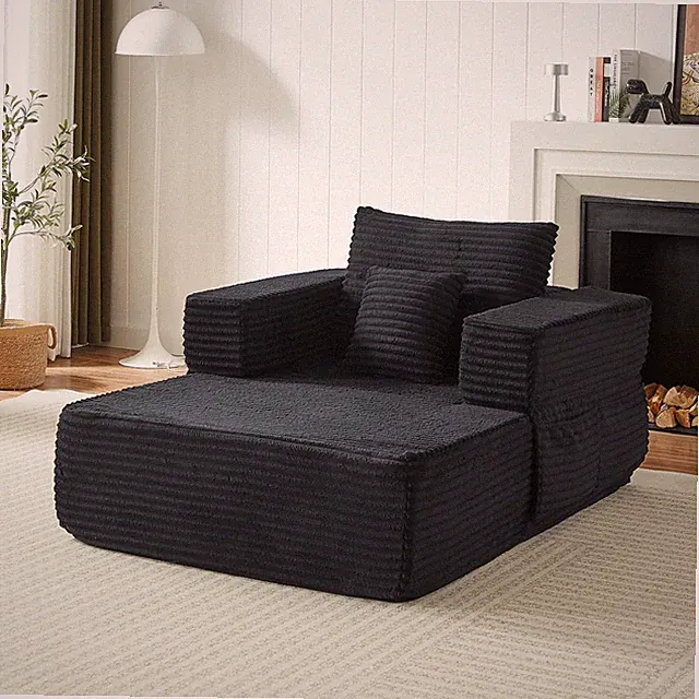 62.4in Corduroy Sofa Couch Chaise Lounge Chair W/ Side Pocket for Bedroom Black