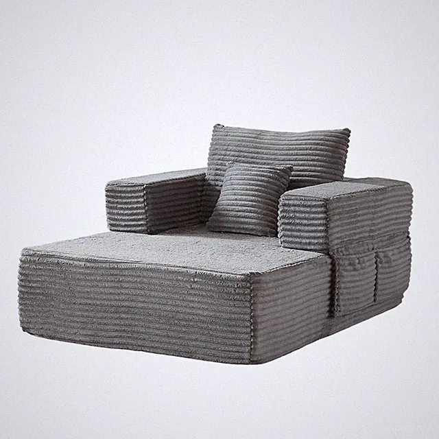 62.4in Corduroy Sofa Couch Chaise Lounge Chair W/ Side Pocket for Bedroom Gray