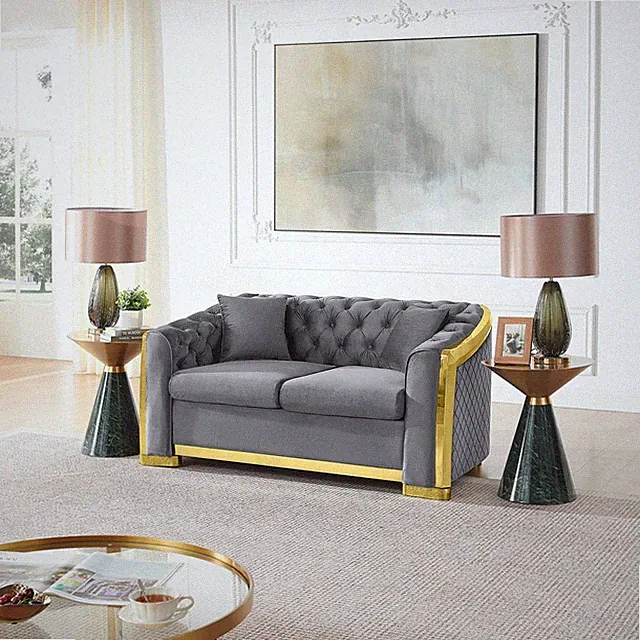 62" Gray Velvet Chesterfield Loveseat Sofa with Gold Trim & Pillows