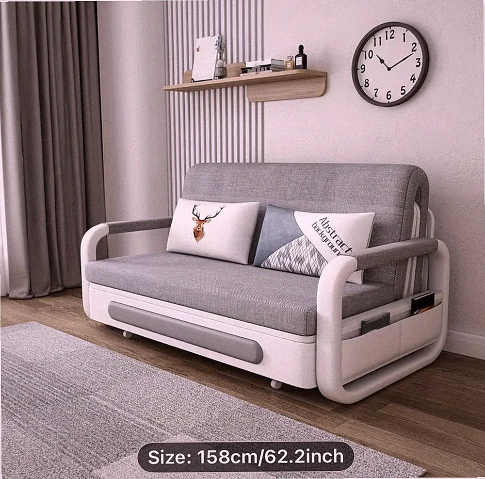 62" Modern Light Gray Cotton Linen Upholstered Convertible Pull Out Sofa Bed