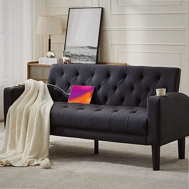 62" W Loveseat Sofa Couches W/ 2 USB Charger Ports and 2 Cupholders Tufted
