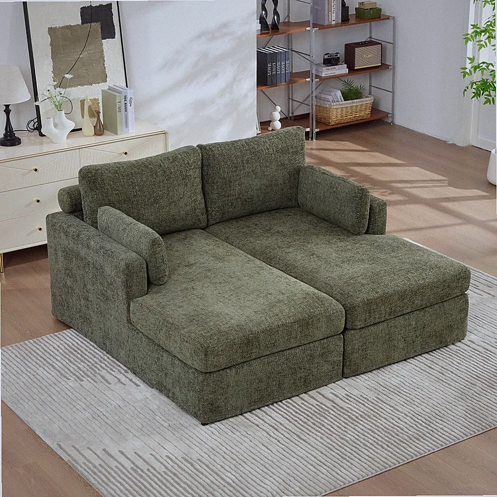 63.39" Green Sofa Bed w/ Chenille Upholstery, Modular Convertible for Home use