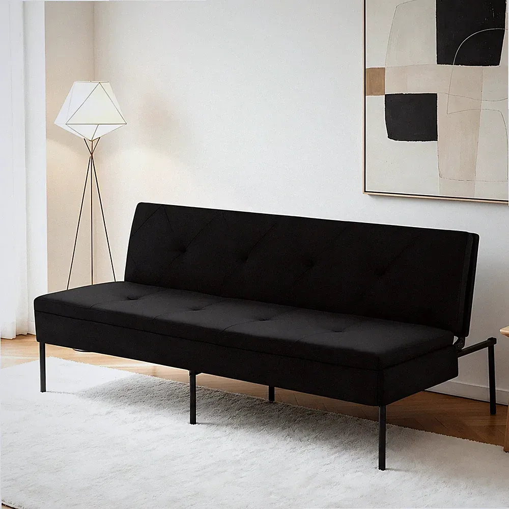 63.39" Modern Minimalist Polyester Futon Sofa Bed Black Folding Faux Suede Suede