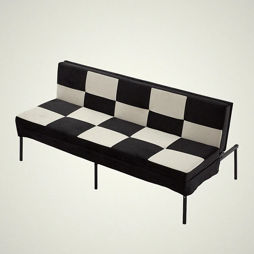 63.5" Black White Checkered Velvet Futon Sofa Bed Adjustable Convertible Couch