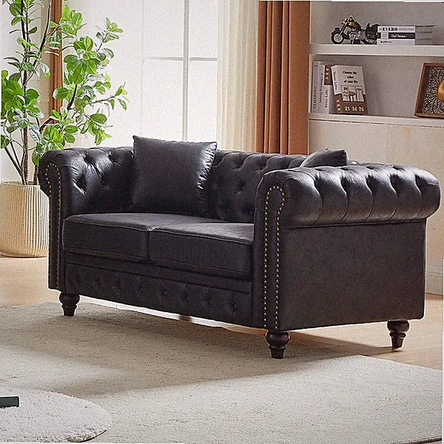 63.5" Chesterfield Sofa Couch High-tech Fabric Button Tufted Loveseat Sofa Black