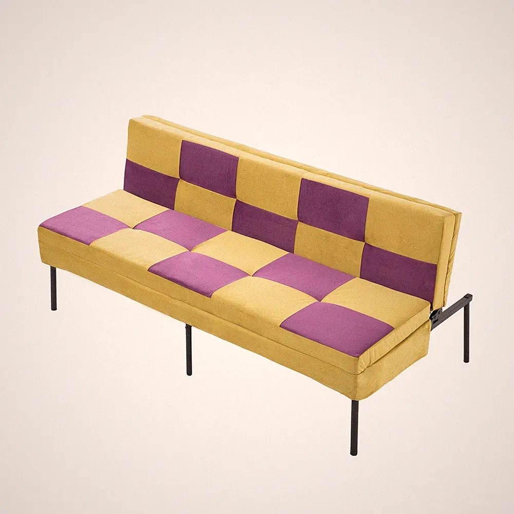 63.5" Yellow Purple Checkered Velvet Futon Sofa Bed Adjustable Convertible Couch