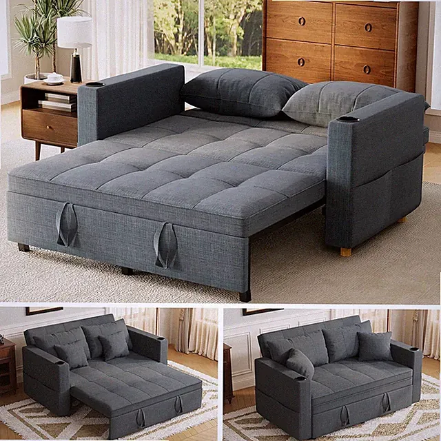 63" Convertible Sleeper Chair Sofa Bed, 3-Seat, Knitted Fabric, Dark Gray