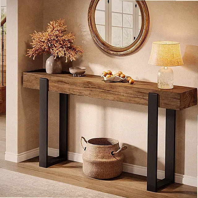 63-Inch Long Console Table, Solid Wood Sofa Table Behind The Couch w/ Metal Legs