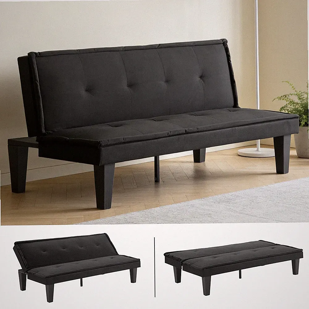 63" Modern Classic Faux Suede Futon Sofa Bed Black Adjustable Backrest Tufted