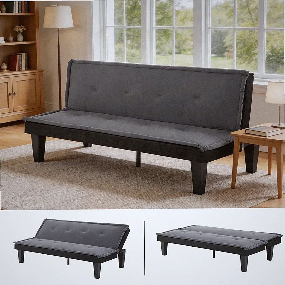63" Modern Classic Faux Suede Futon Sofa Bed Gray Adjustable Backrest Folding