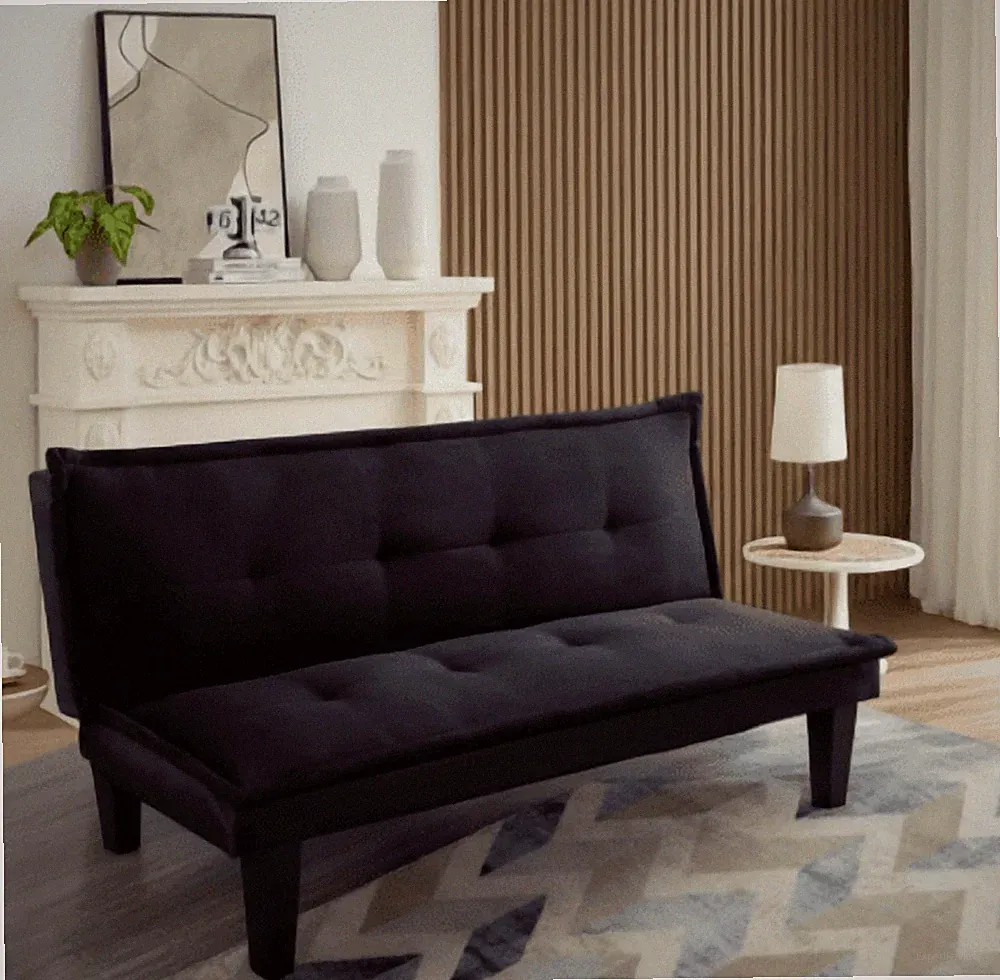 63" Modern Faux Suede Futon Sofa Bed Black Reclining Tufted Living Room