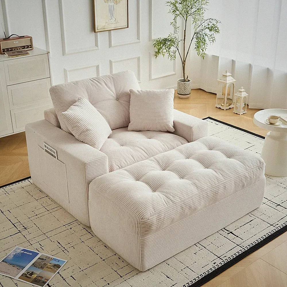 63"Oversized Chaise Lounge Sofa Corduroy Upholstered Boneless Sleeper w/ 2Pillow