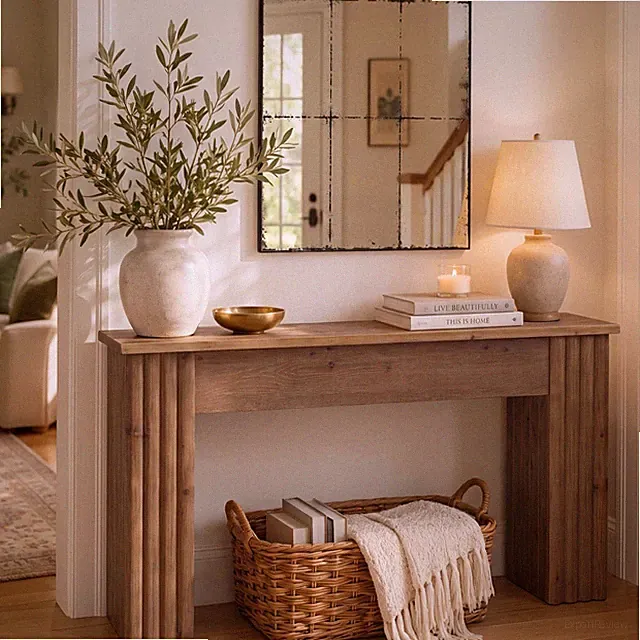 63" Solid Wood Entry Console Table, Fluted Narrow Sofa Table Behind The Couch