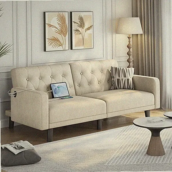 63in Convertible Futon Sofa Bed Couch Bed with USB Ports for Living Room