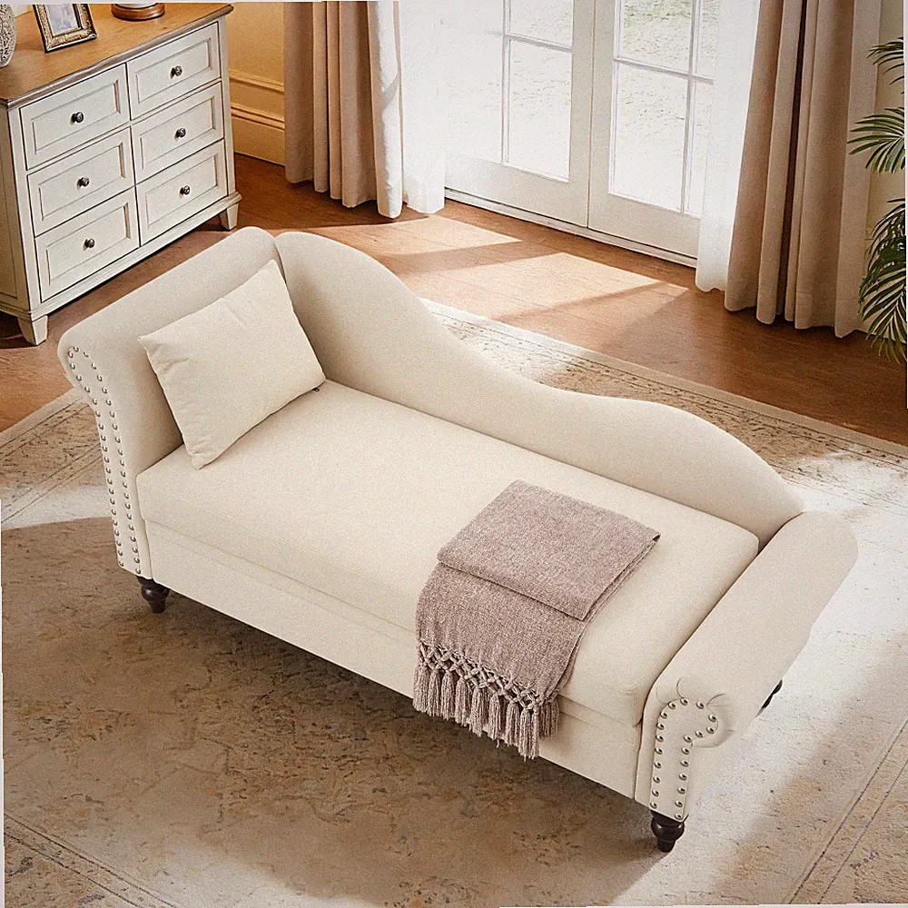 64.5" Beige Velvet Chaise w/ Storage, Silver Nails & Lumbar Pillow