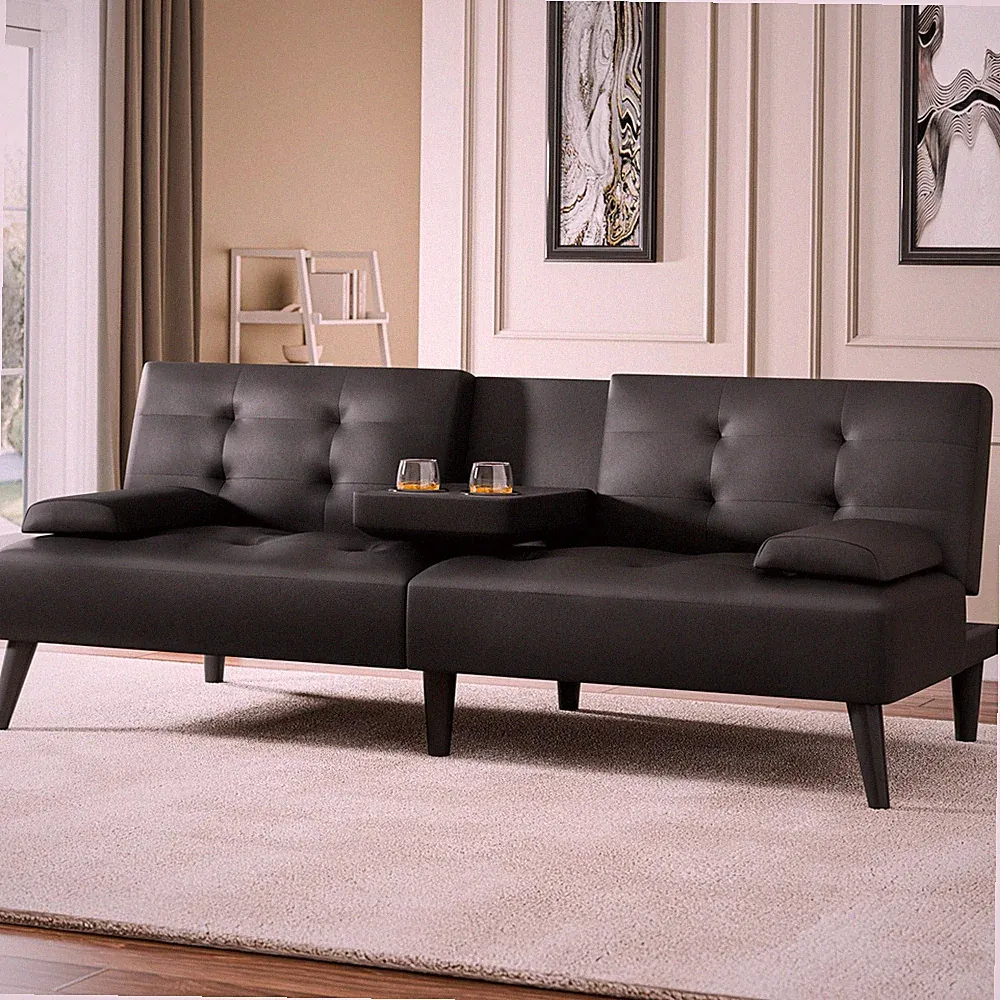 64" Black Futon Sofa Bed with 2 Cup Holders, PU Leather Loveseat