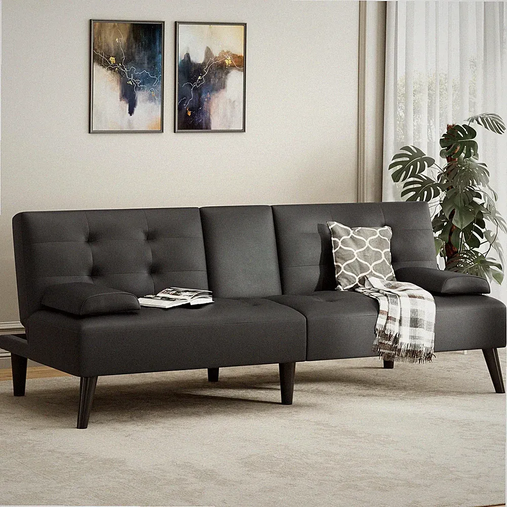 64" Futon Sofa Bed 3-Angle Recliner Removable Armrests Cup Holders Black Leather