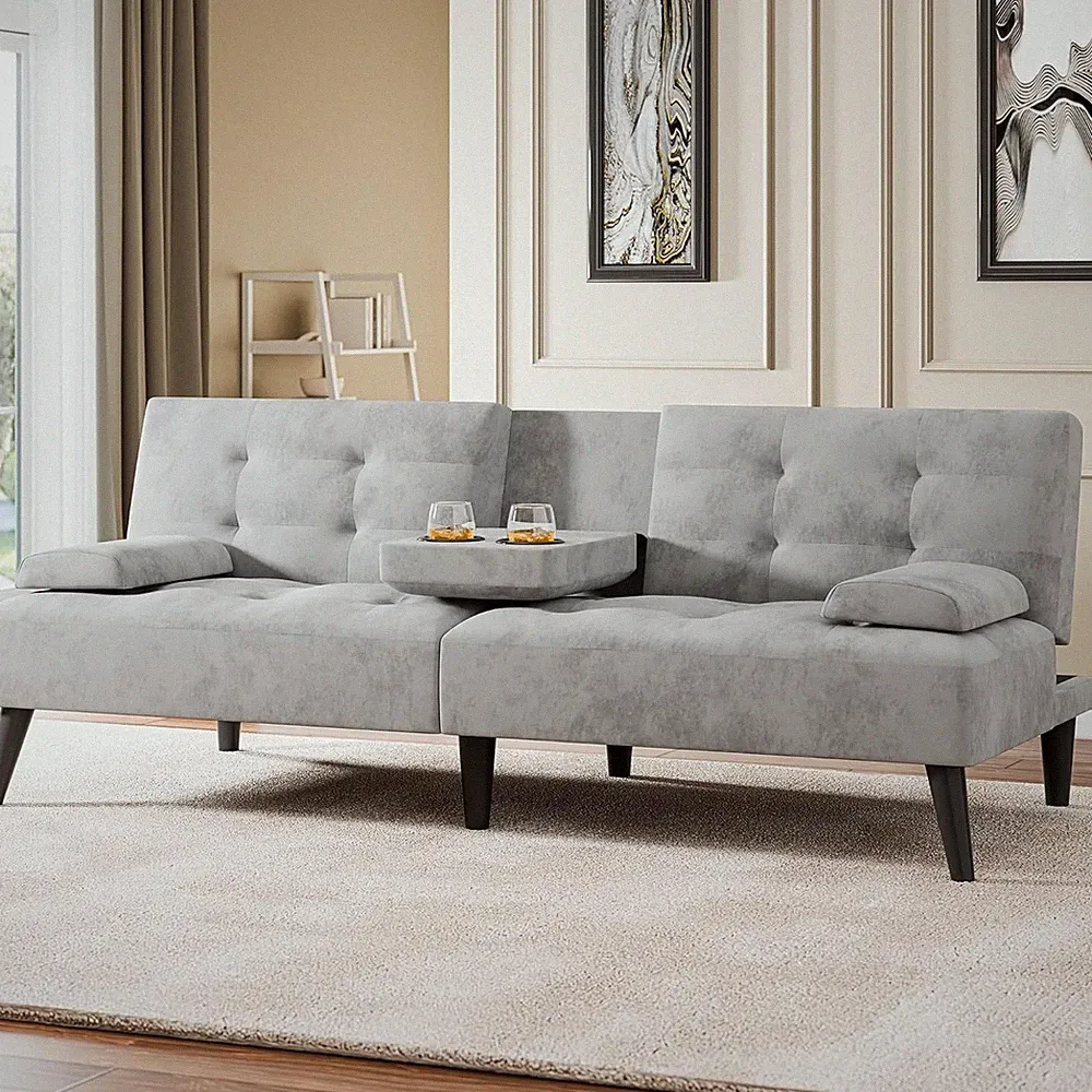 64" Futon Sofa Bed, Convertible Loveseat with 2 Cup Holders, Small Couch