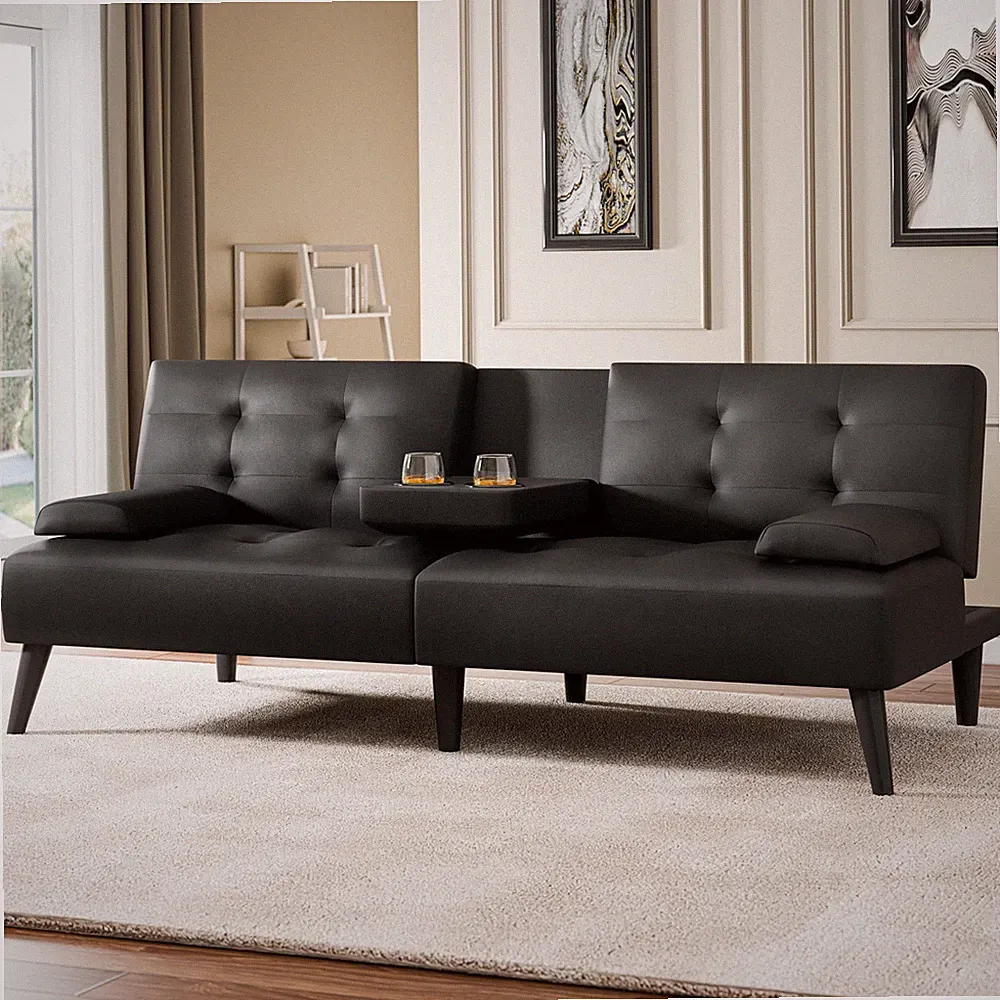 64" Futon Sofa Bed Loveseat w/ 2 Cup Holders Black PU Leather Small Space Couch