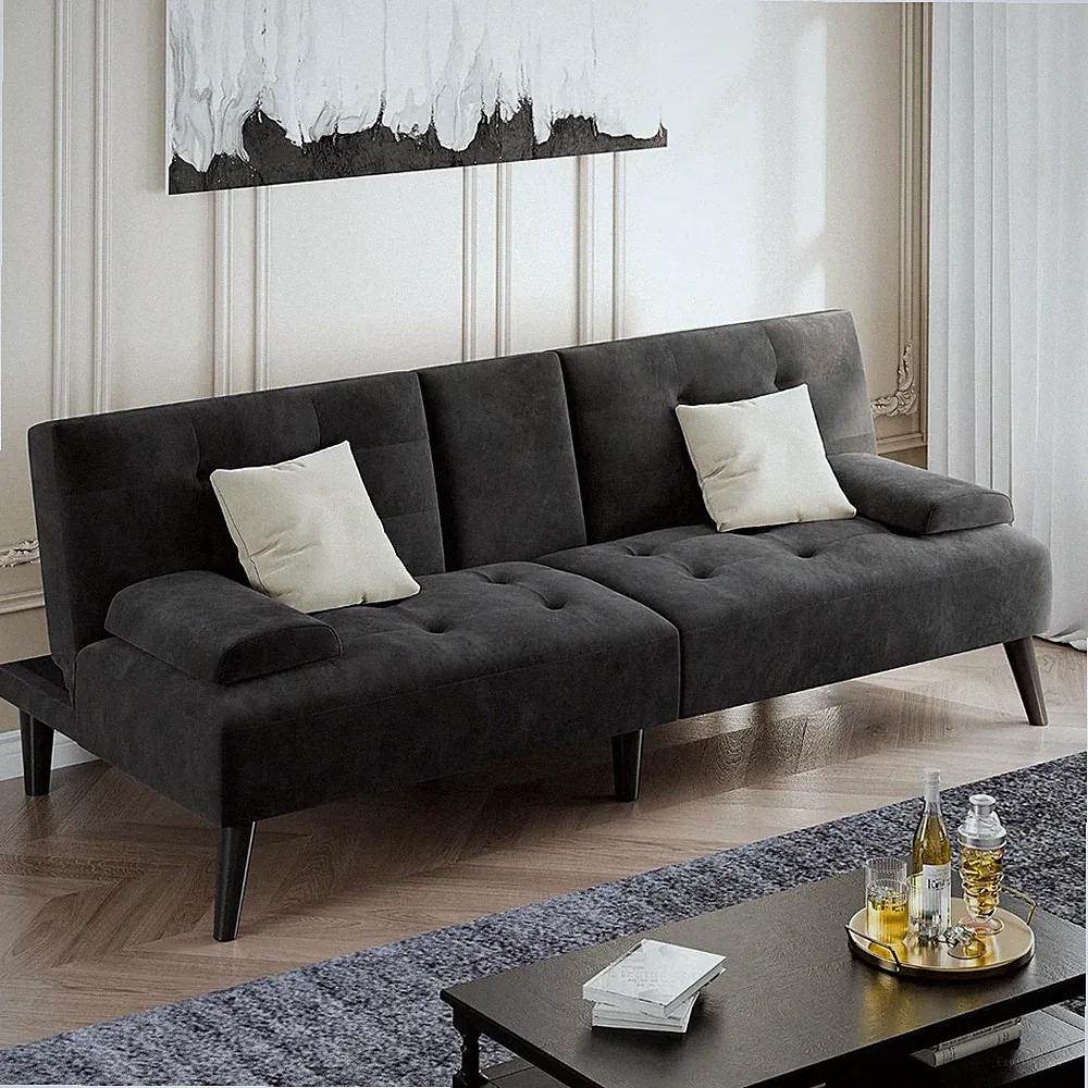 64" Futon Sofa Bed Velvet Foldable Couch Upholstered Loveseat Sofa Couch W/