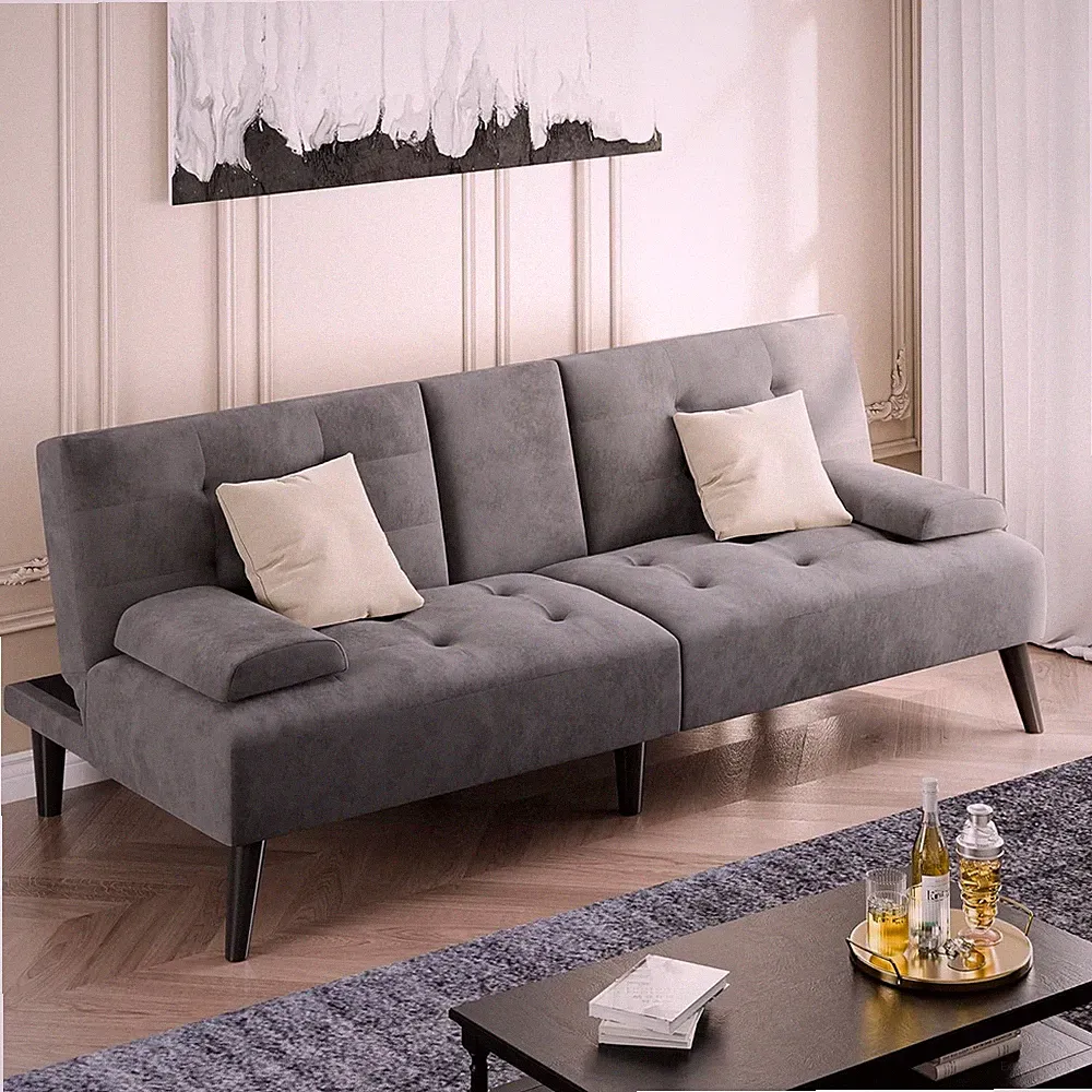 64" Futon Sofa Bed, Velvet Foldable Couch, Upholstered Loveseat Sofa Couch with