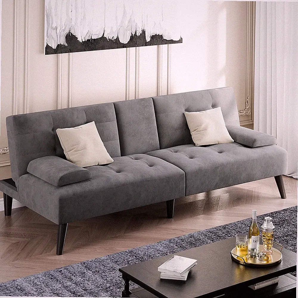 64" Futon Sofa Bed, Velvet Foldable Couch, Upholstered Loveseat Sofa Couch with