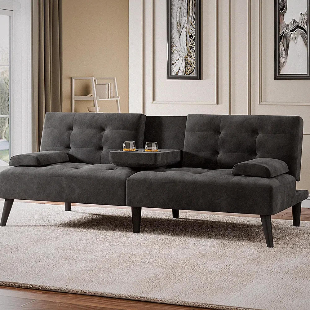 64 inch Black Futon Sofa Bed With Cup Holders, 3 Adjustable Angles Removable