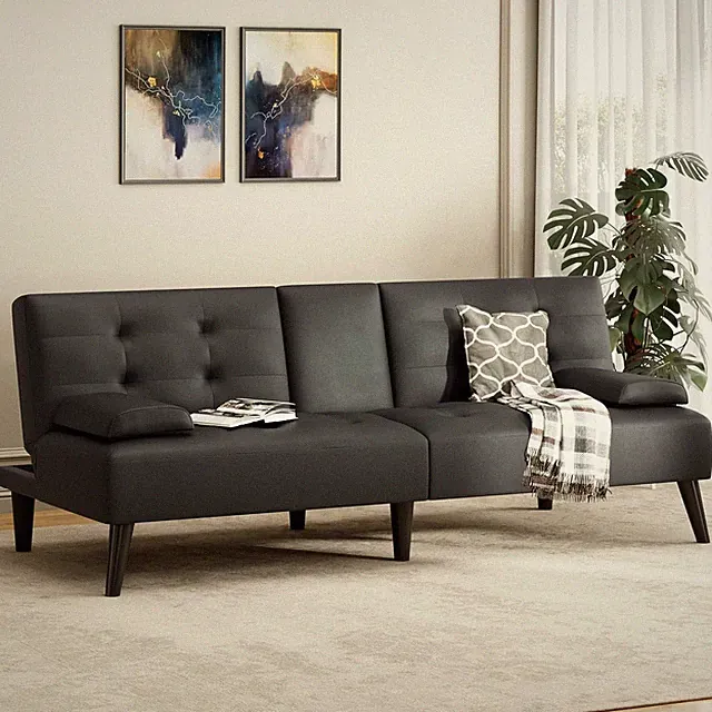 64 Inch Convertible Futon Sofa Black Leather 3 Position Recliner Cup Holders