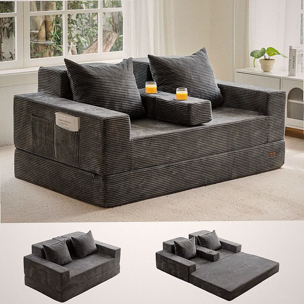 64 Inch Foldable Floor Sofa Bed Double with Storage Box 2 Cup Holders