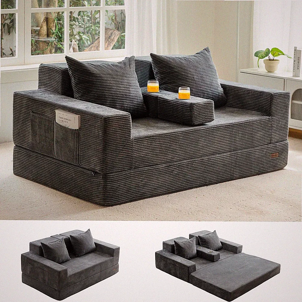 64 Inch Foldable Floor Sofa Bed Double with Storage Box 2 Cup Holders