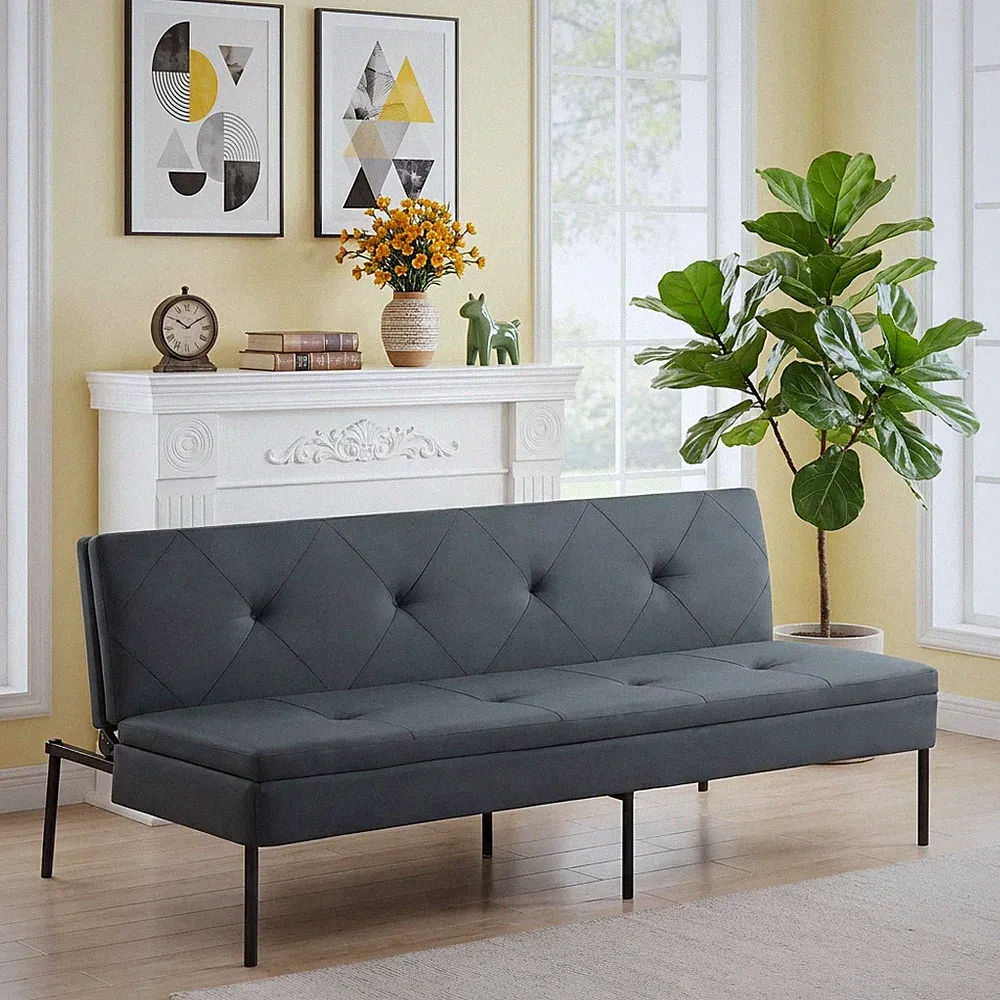 64" Modern Polyester Futon Sofa Bed Gray Adjustable Backrest 5-Position