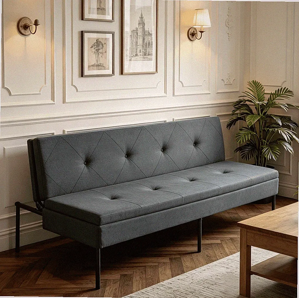 64" Modern Polyester Futon Sofa Bed Gray Convertible Couch Sleeper Apartment