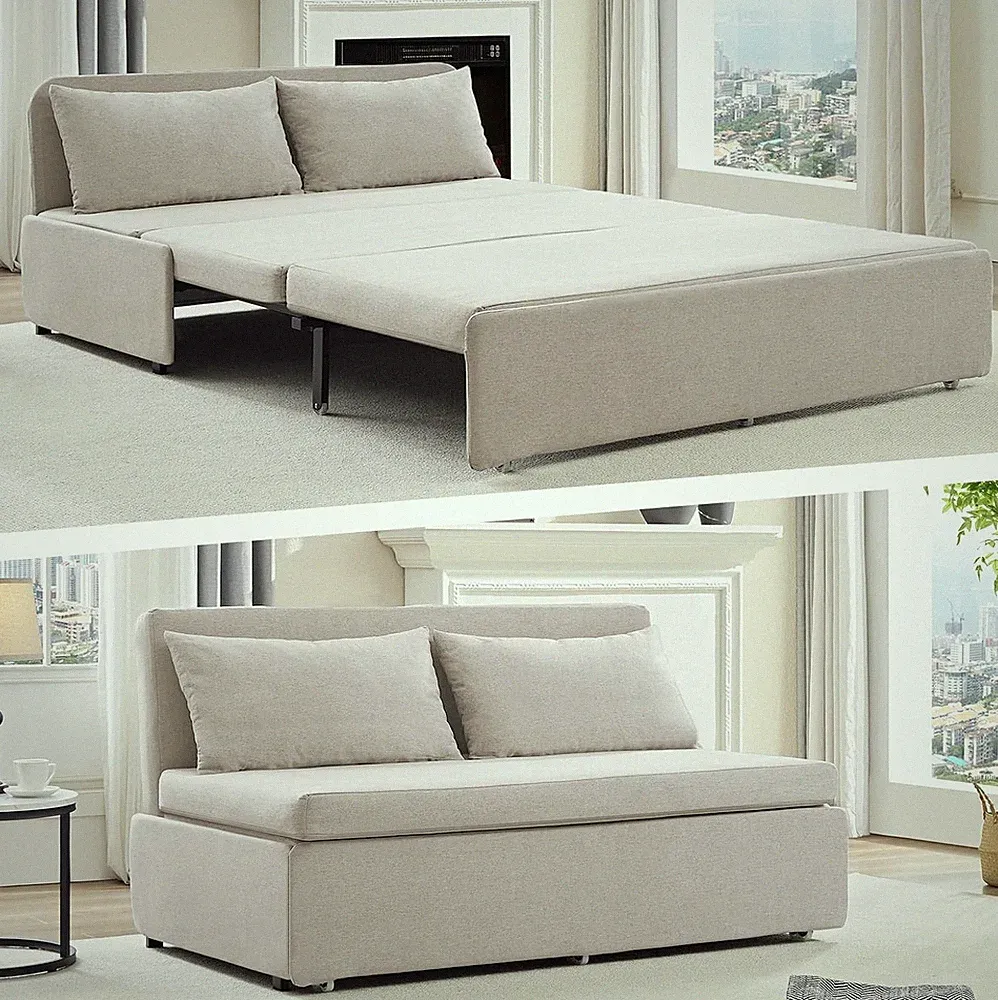 64" Queen Size Pull Out Sofa Bed Linen Pull Out Couch Bed with Mattress