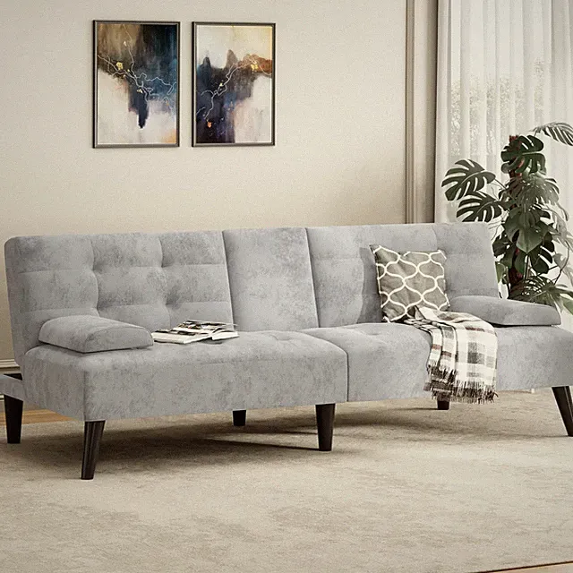 64 Small Futon Couch Adjustable Backrest Recliner Armrest Cupholder Grey Velvet