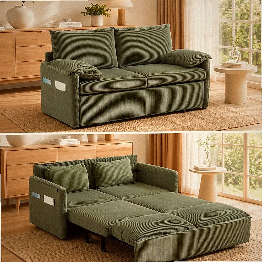 65" 3-in-1 Corduroy Convertible Sleeper Sofa Bed Queen Size Pull Out Loveseat