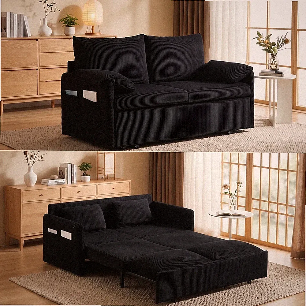 65" 3-in-1 Corduroy Queen Size Convertible Sleeper Sofa Bed Pull Out Loveseat