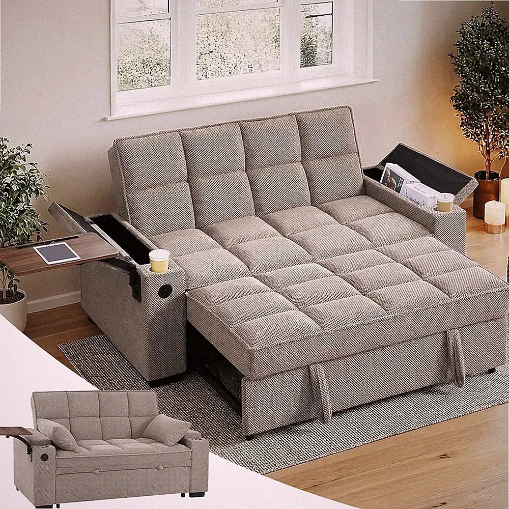 65'' 3-In-1 Sleeper Sofa Bed, Convertible Loveseat with Pull-Out Couch, USB & Ty