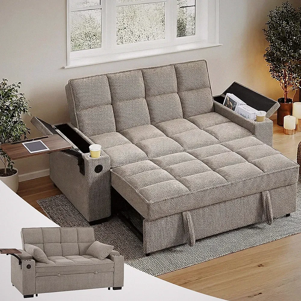 65'' 3-in-1 Sleeper Sofa Bed with USB Ports & Adjustable Backrest - Khaki