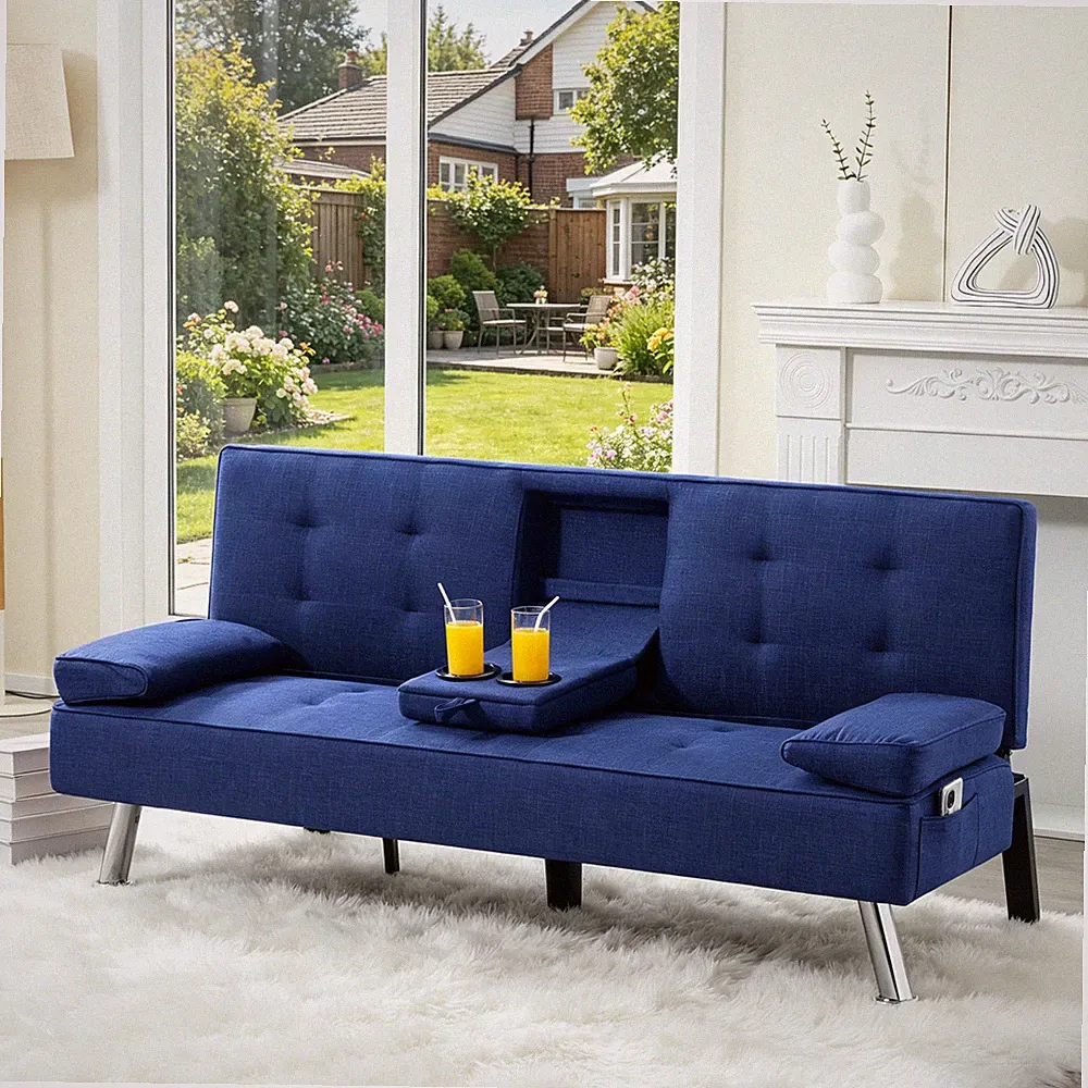 65.35" Modern Futon Sofa Bed Navy Adjustable Backrest Foldable Cup Holders Couch